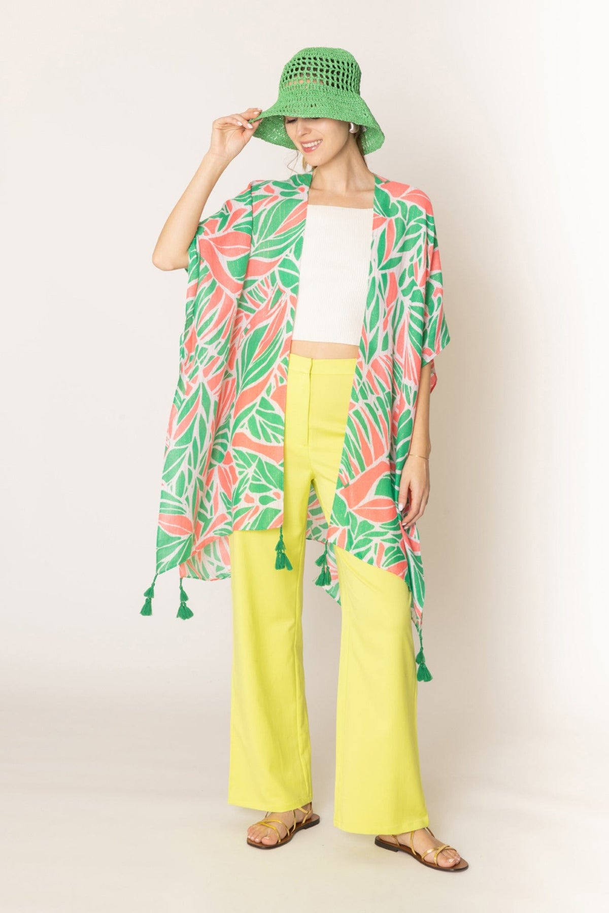 WLK410112 Ariana Abstract Leaves Pattern Kimono - MiMi Wholesale