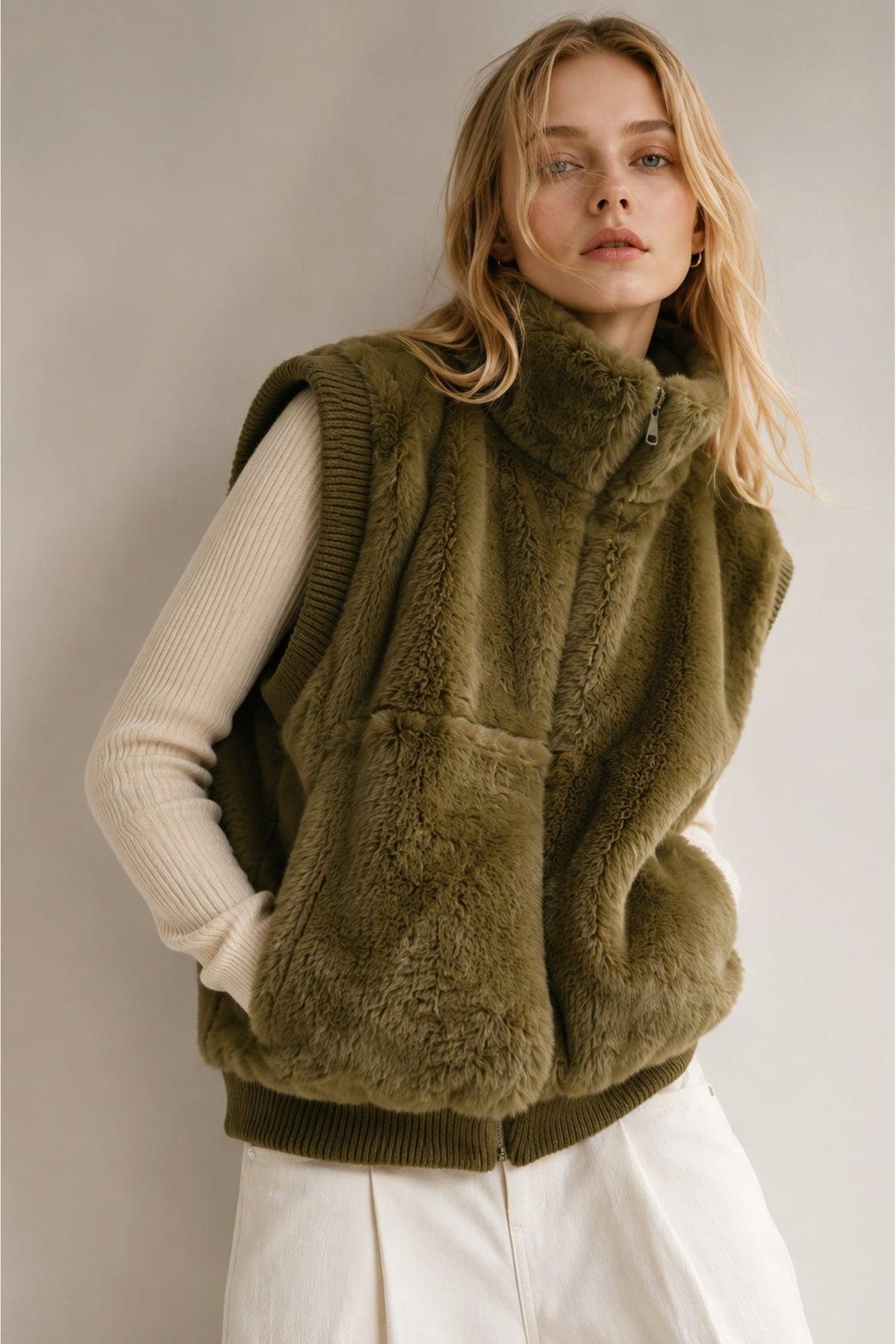 YCV420021 Antonina Oversized Faux Fur Bomber/Gilet - MiMi Wholesale