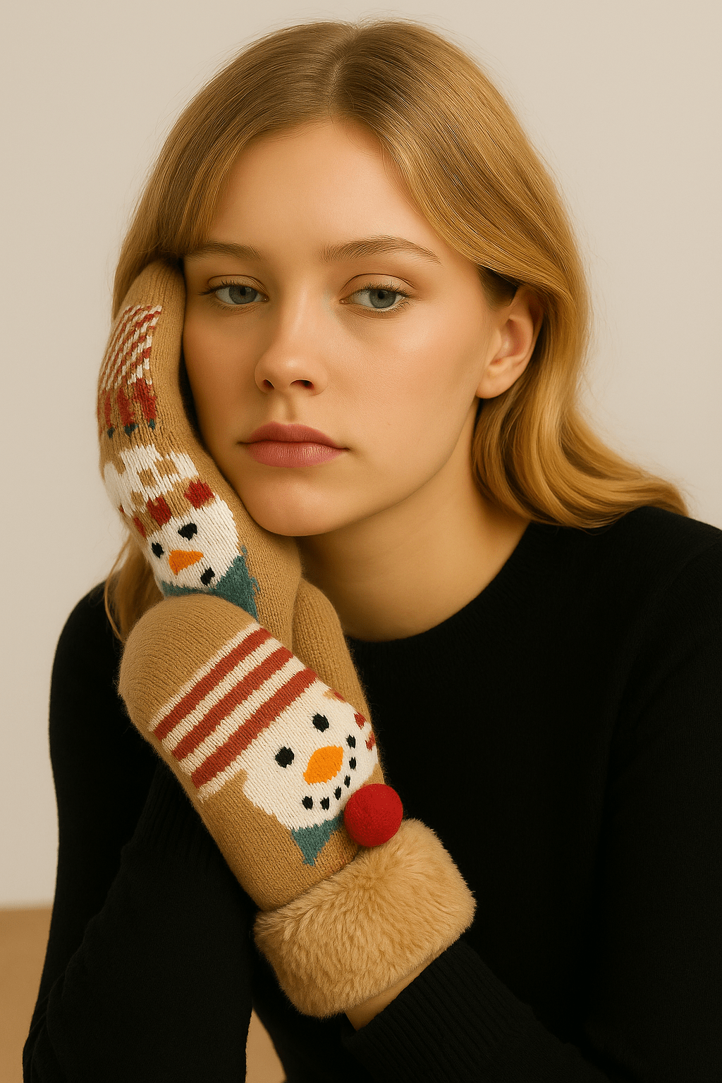 YGM120172 Snowman Mittens With Faux Fur Cuffs - MiMi Wholesale
