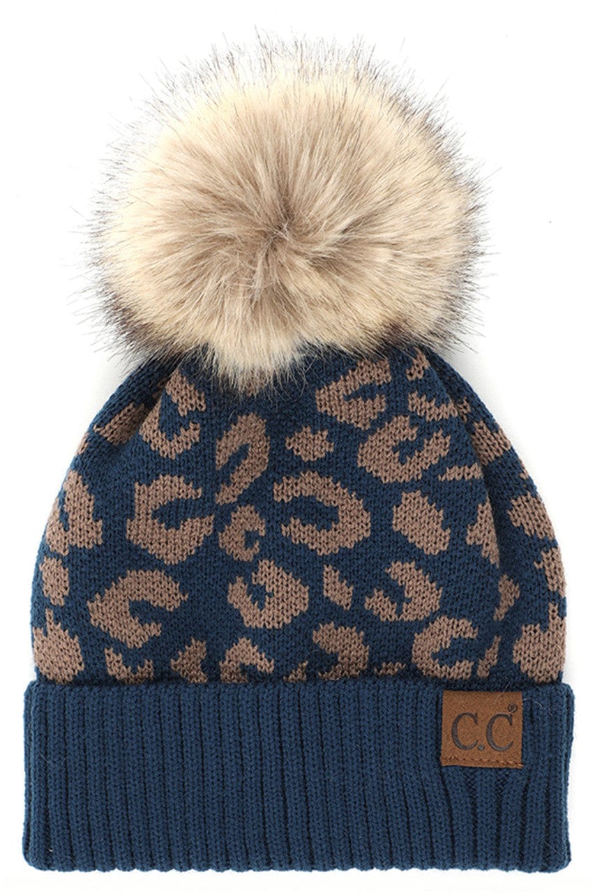 YJ2091 Audrey Leopard Pattern Pom Beanie - MiMi Wholesale