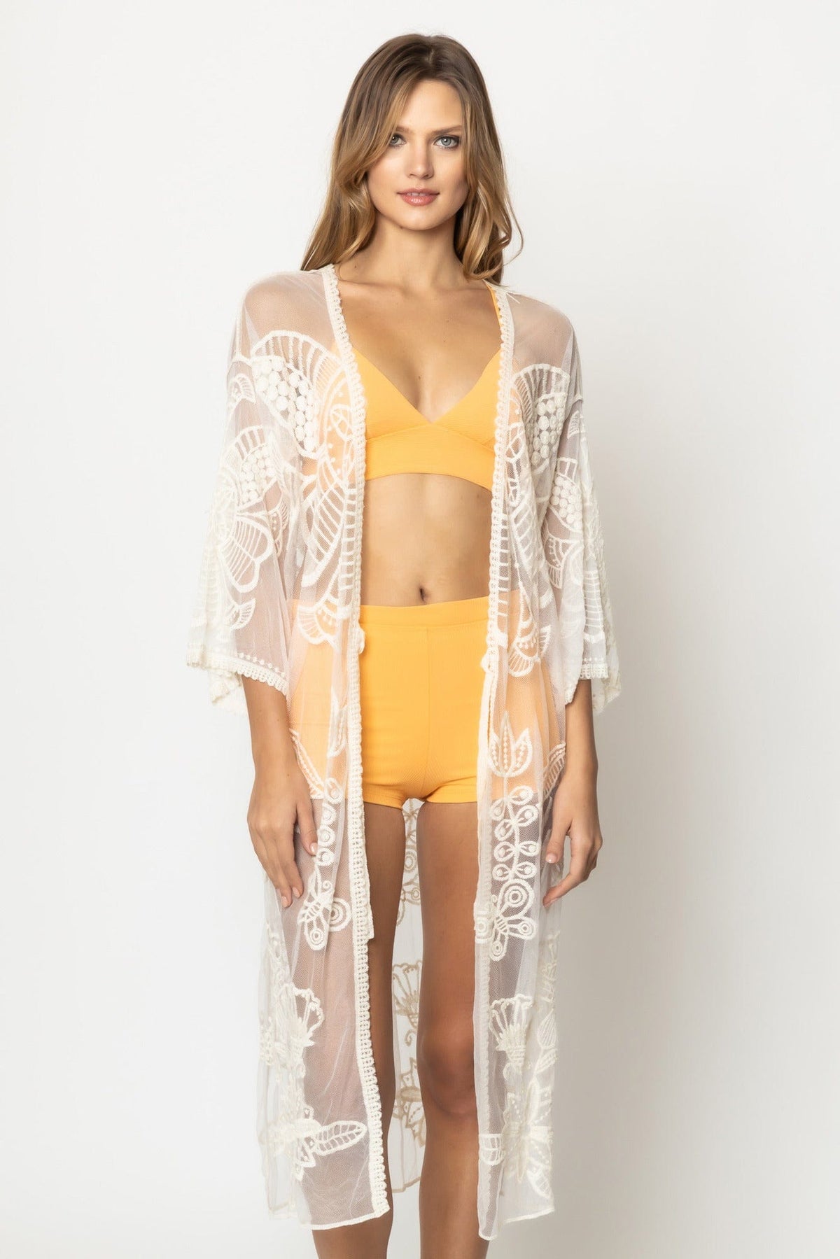 YLK310088 Piper Floral Lace Kimono With Ties - MiMi Wholesale