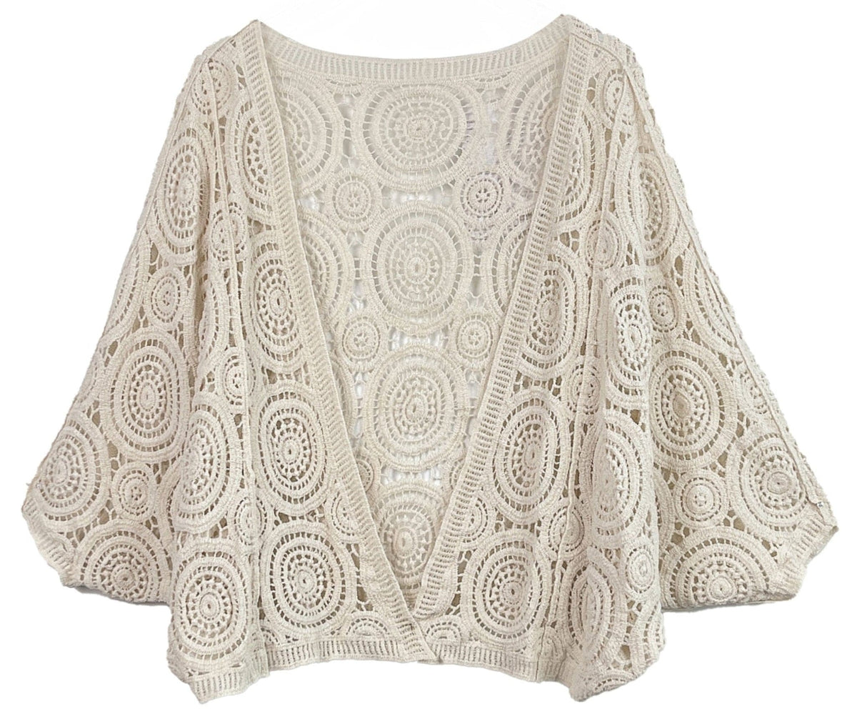 ZLC410054 Nia Geometric Circle Pattern Crochet Cropped Cardigan/Kimono - MiMi Wholesale