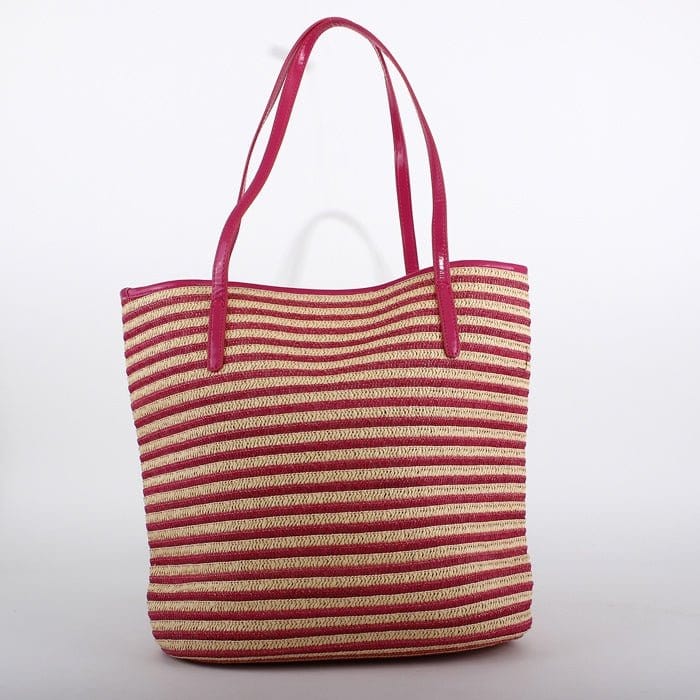 2486 Straw Striped Leather Handle Tote/Beach Bag - MiMi Wholesale