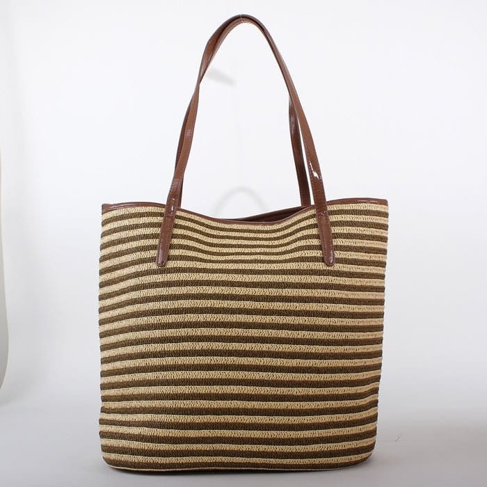 2486 Straw Striped Leather Handle Tote/Beach Bag - MiMi Wholesale