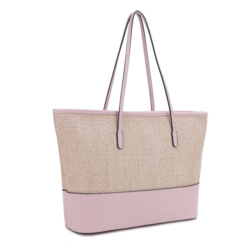 93130 Straw Shopper Tote With Vegan Leather Trim - MiMi Wholesale