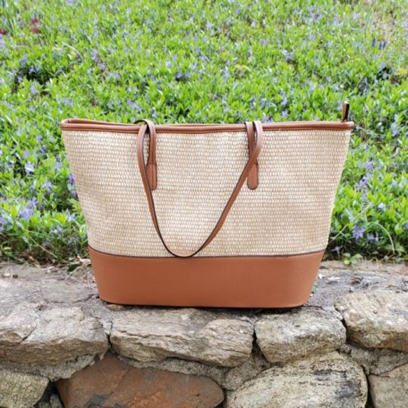 93130 Straw Shopper Tote With Vegan Leather Trim - MiMi Wholesale