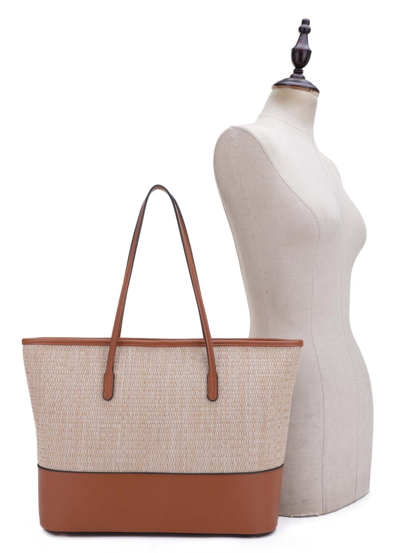 93130 Straw Shopper Tote With Vegan Leather Trim - MiMi Wholesale