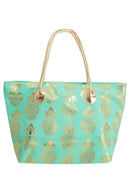B766  Metal Gold Pineapple Large Beach Tote Bag