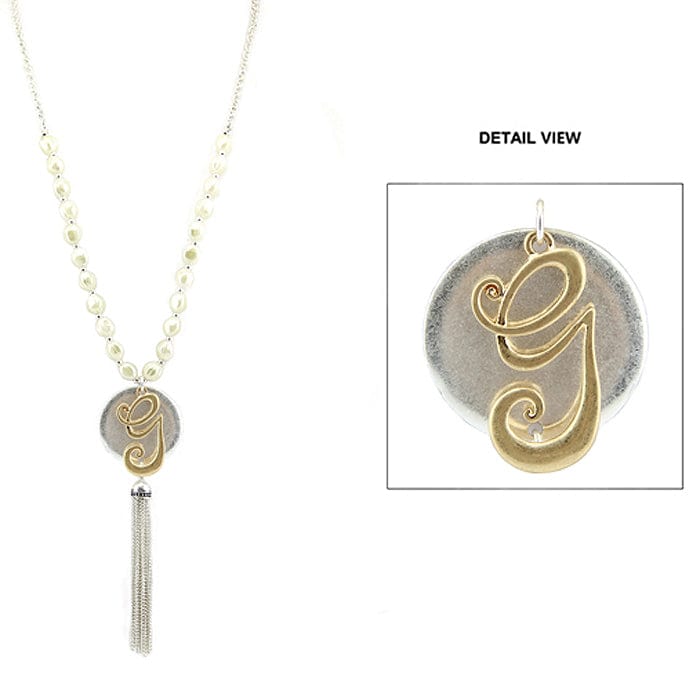 AN1117-GTT   27" Peal & Worn Two-Tone Monogram Initial  'G' Disk Necklace with Tassel 