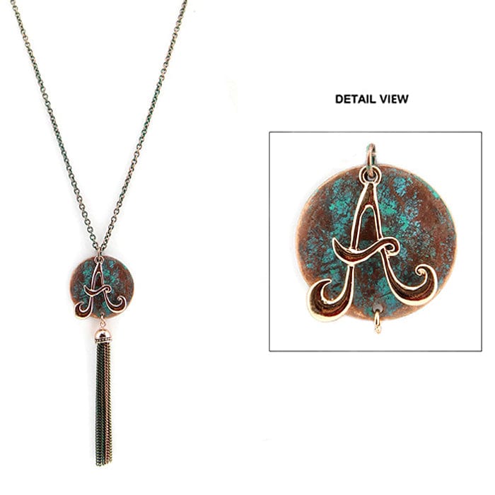 AN1299-A3T   27" Patina Multi-Tone Monogram Initial 'A' Disk & Tassel Necklace