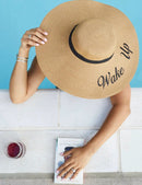 AO3045 "Wake Up" Letter Embroidered Wide Brim Straw Hat - MiMi Wholesale