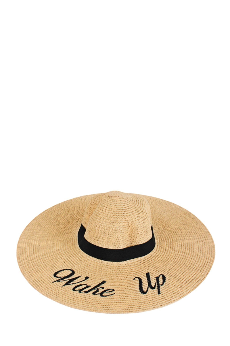 AO3045 "Wake Up" Letter Embroidered Wide Brim Straw Hat - MiMi Wholesale