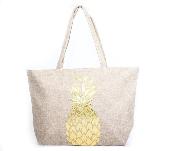 B768 Gold Foil Pineapple Printed Large Beach Tote Bag - MiMi Wholesale