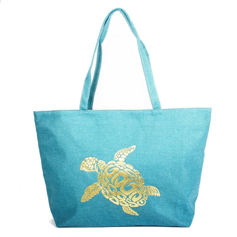 B769 Gold Foil Turtle Printed Large Beach Tote Bag - MiMi Wholesale