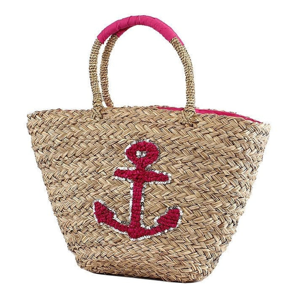 B803 Anchor Applique Natural Straw Tote/Beach Bag - MiMi Wholesale