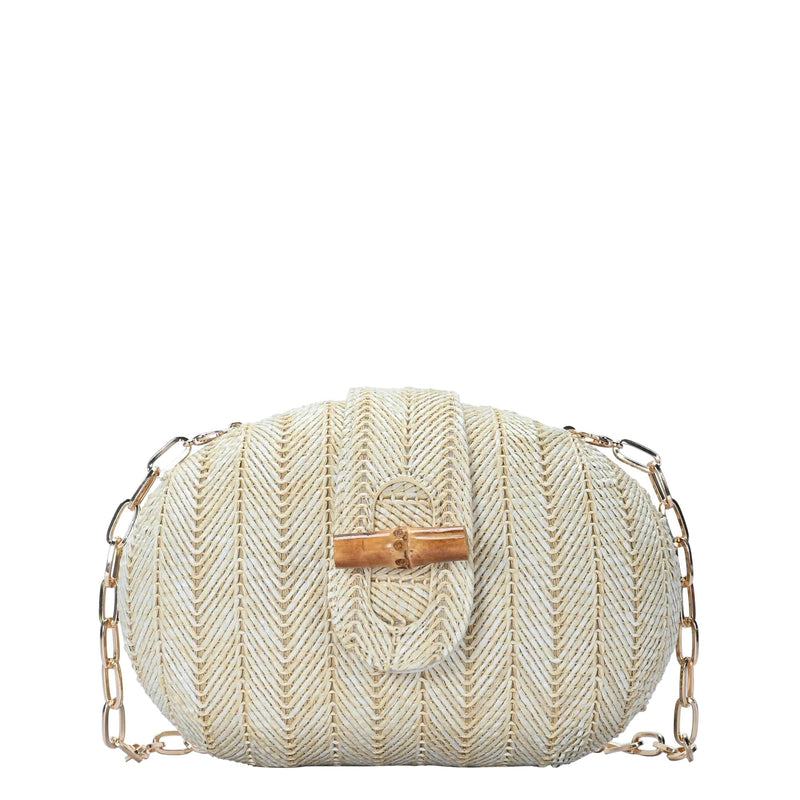 BGS6703 Jessie Oval Straw Crossbody With Chain Strap - MiMi Wholesale