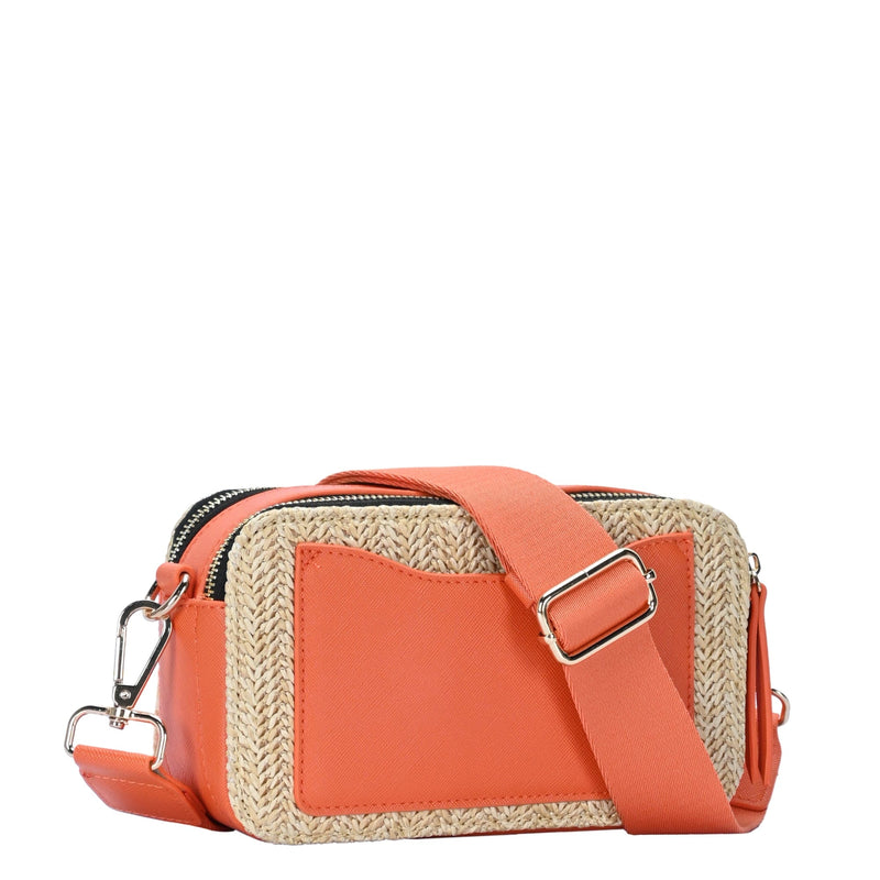 BGS6844 Helena Straw Crossbody Bag With Leather Paneling - MiMi Wholesale