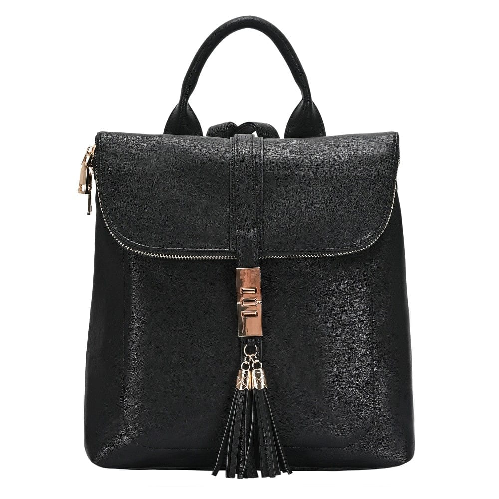 black leather zip top backpack with tassel BGT59001 Fold Over Tassel Clasp Backpack