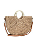 BGT85210 Half Moon Circle Handled Straw Handbag w/ Crossbody Strap - MiMi Wholesale