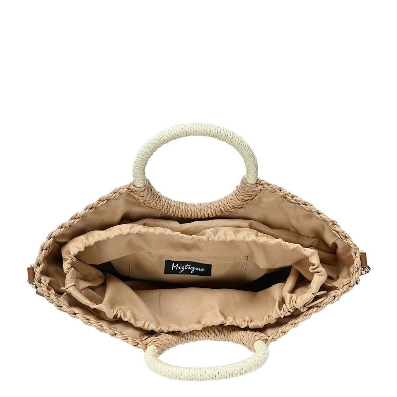 BGT85210 Half Moon Circle Handled Straw Handbag w/ Crossbody Strap - MiMi Wholesale