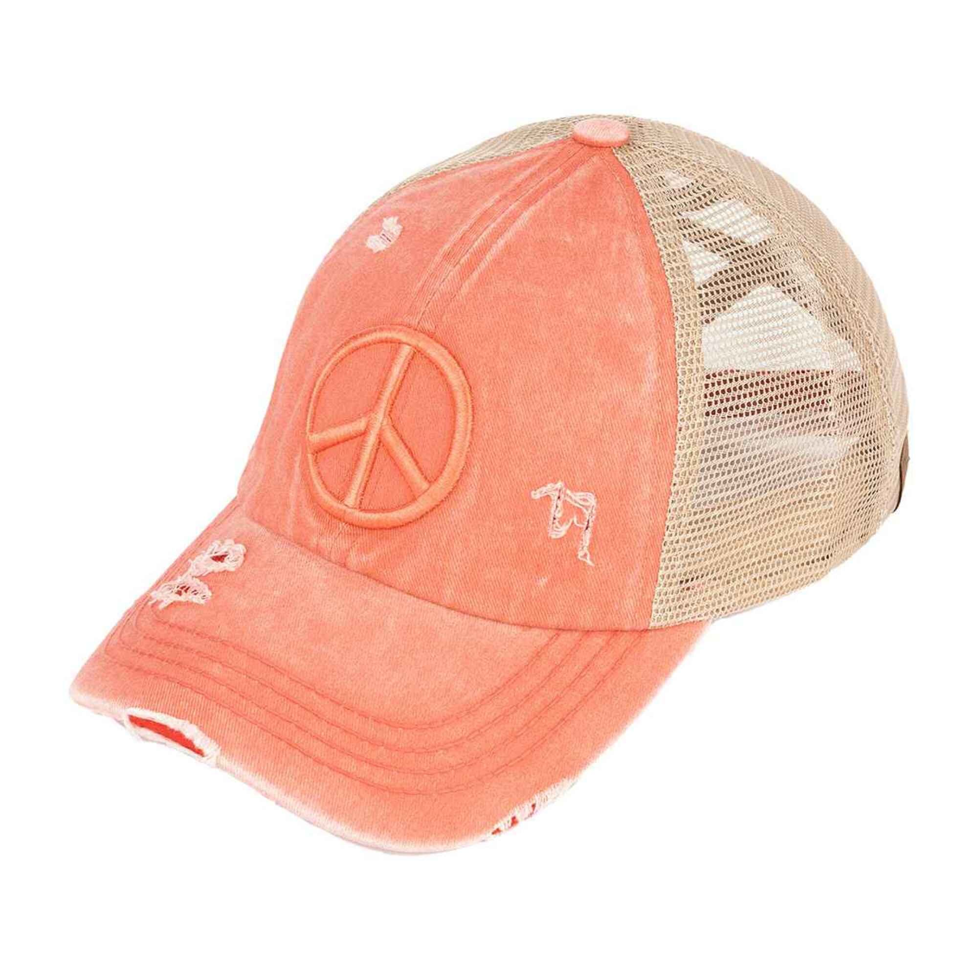 Peace Sign Caps BT1017 Distressed Embroidered Peace Sign Cross Cross High Pony Basebal