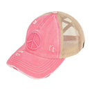 BT1017 Distressed Embroidered Peace Sign Cross Cross High Pony Baseball Cap - MiMi Wholesale