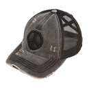 BT1017 Distressed Embroidered Peace Sign Cross Cross High Pony Baseball Cap - MiMi Wholesale