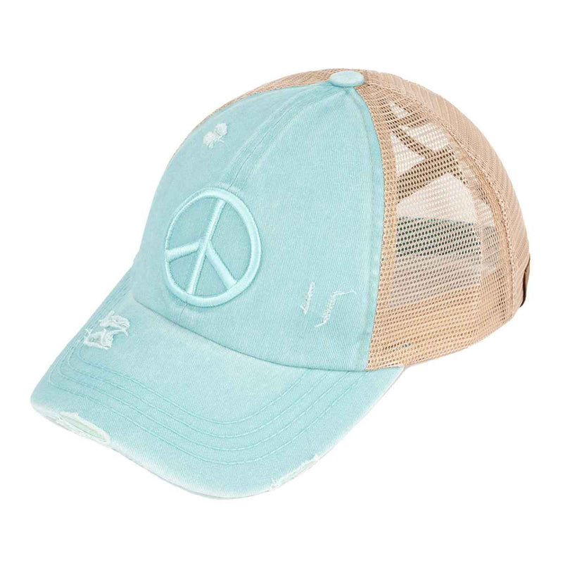 BT1017 Distressed Embroidered Peace Sign Cross Cross High Pony Baseball Cap - MiMi Wholesale