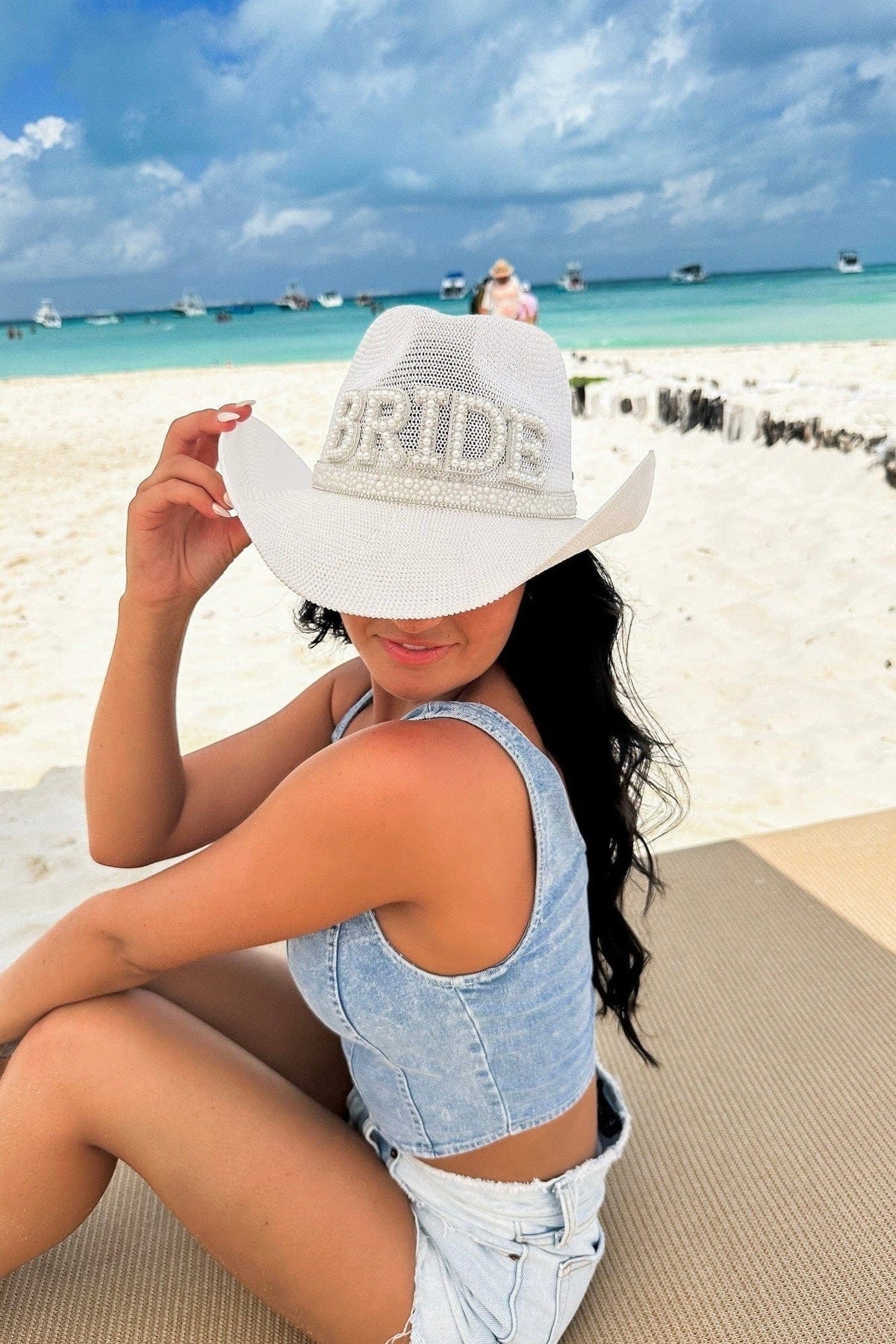 NWT White Sparkly Beaded \'BRIDE\' Crochet Cowboy Hat Sylet Bride Rhinestone Cowboy Hat, Bling Cowgirl Hat (White  main image 2