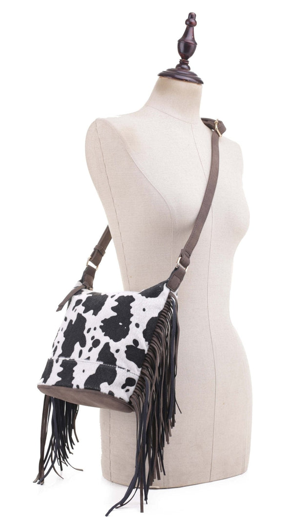 CW20307 Western Style Cow print with Fringe Crossbody - MiMi Wholesale