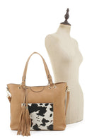 EJ91503C Cow Front Pocket Fashion Tote With Tassel - MiMi Wholesale