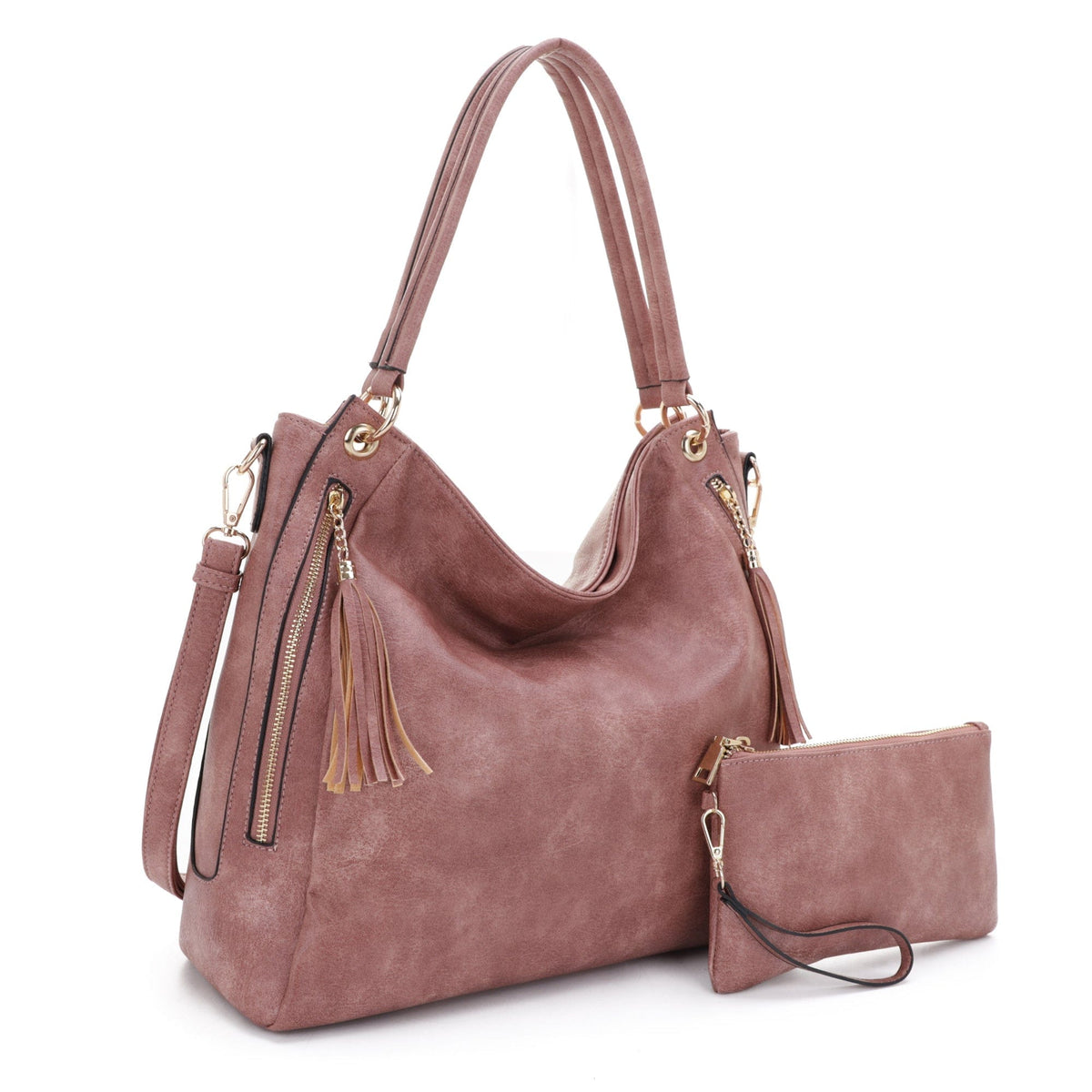 FC20496 Tonya Double Zipper 2 in 1 Hobo Bag With Wristlet - MiMi Wholesale