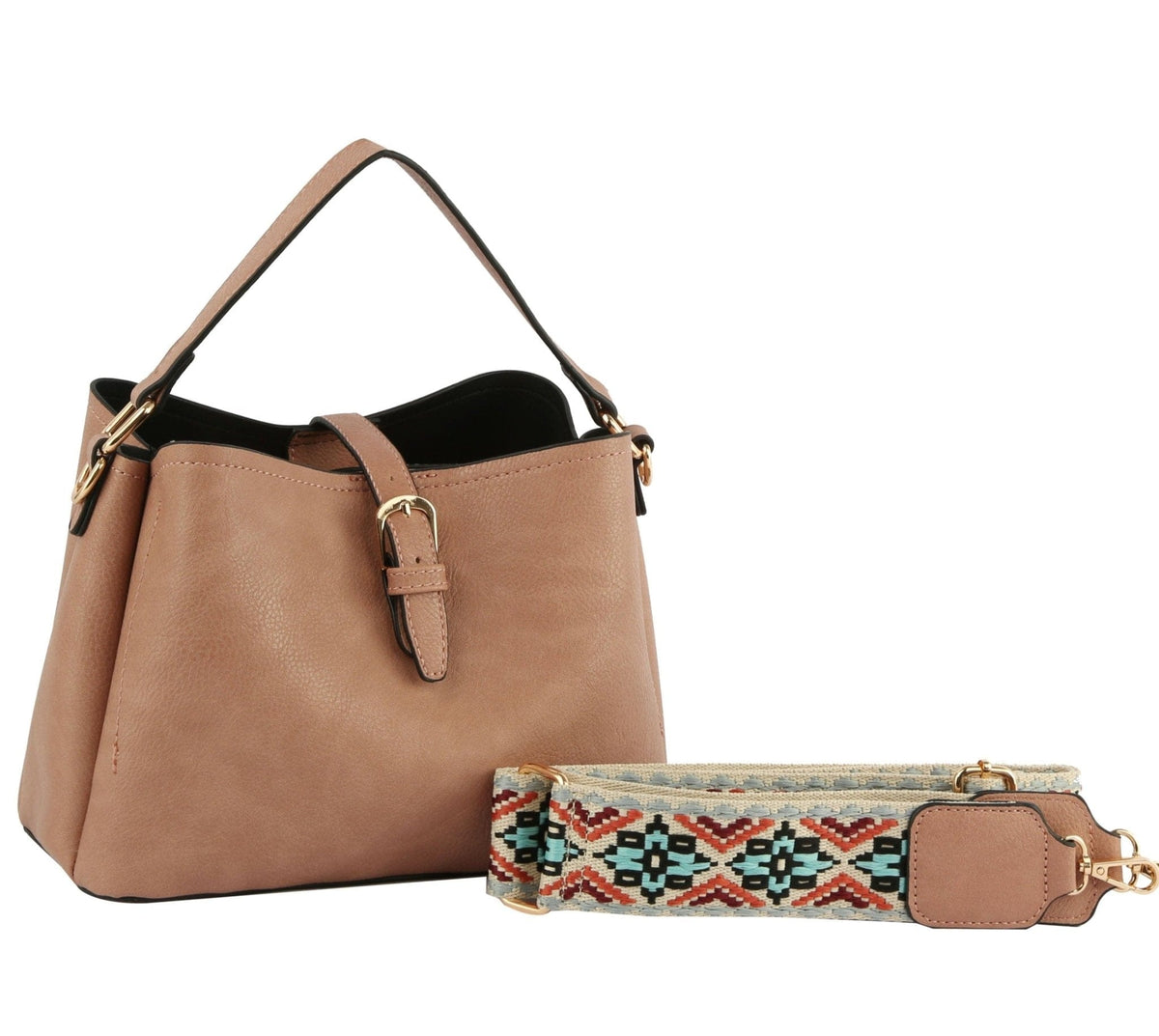 GL0009-1 Buckle Flap Shoulder Bag with Aztec Pattern Strap - MiMi Wholesale