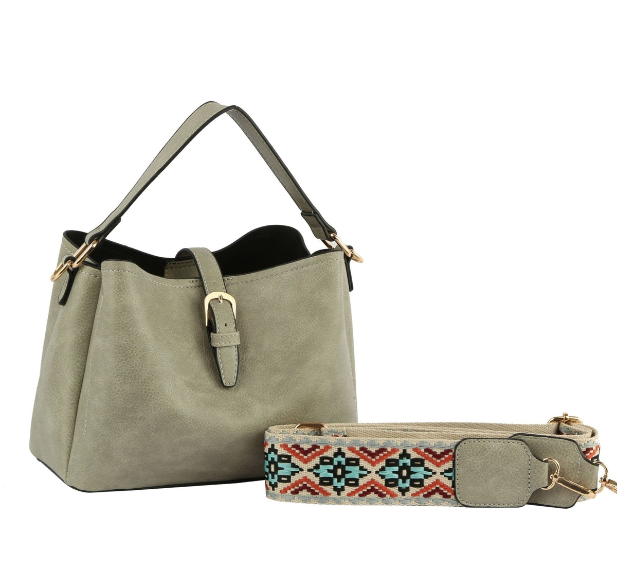 GL0009-1 Buckle Flap Shoulder Bag with Aztec Pattern Strap - MiMi Wholesale