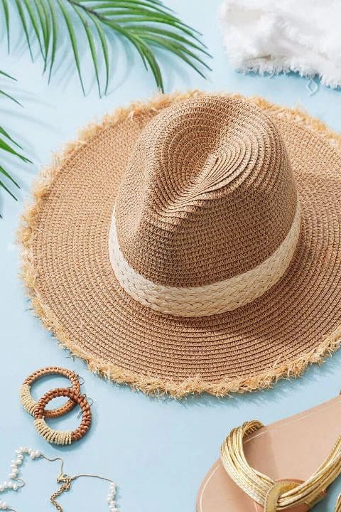 H3085 Frayed Edge Straw Panama Sun Hat - MiMi Wholesale