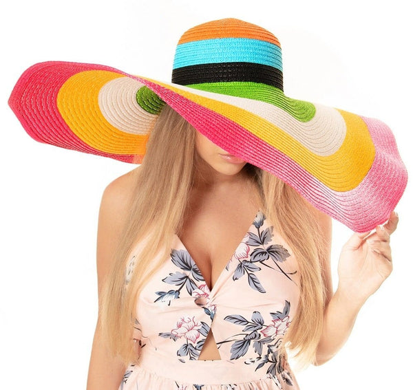 H3130 Rainbow Stripe Wide Brim Straw Beach Floppy Hat - MiMi Wholesale