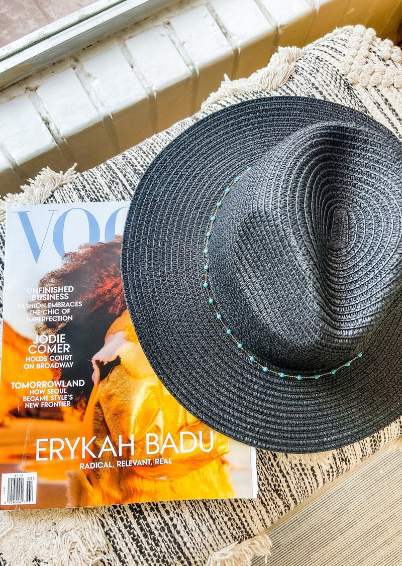 H3318 Turquoise Bead Chain Straw Panama Sun Hat - MiMi Wholesale