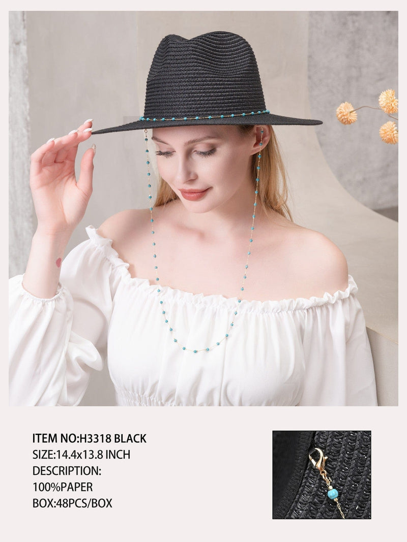 H3318 Turquoise Bead Chain Straw Panama Sun Hat - MiMi Wholesale