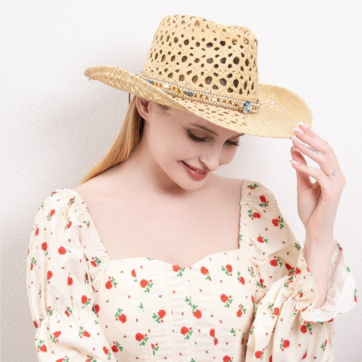 H3324 Boho Cut Out Cowboy Hat With Bead Detailing - MiMi Wholesale
