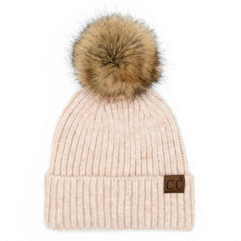 HAT2074 Chloe Soft Ribbed Fur Pom Beanie - MiMi Wholesale