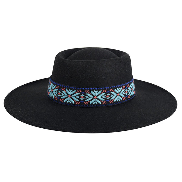 HAT2191 Mirta Aztec Trim Wide Brim Fedora - MiMi Wholesale