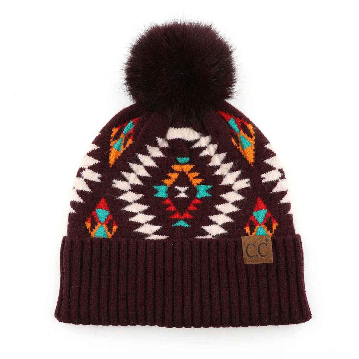 HAT3001 Elena Aztec Pattern Pom Beanie - MiMi Wholesale