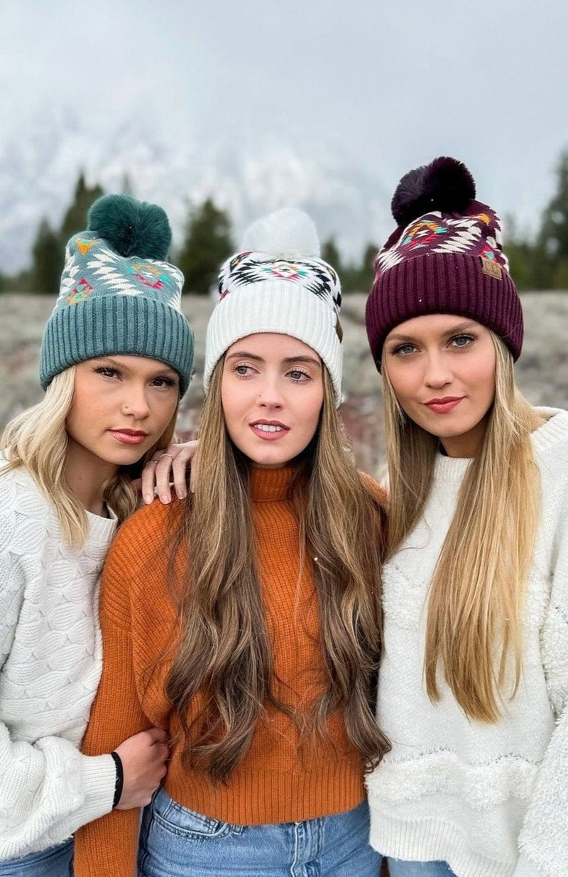 HAT3001 Elena Aztec Pattern Pom Beanie - MiMi Wholesale