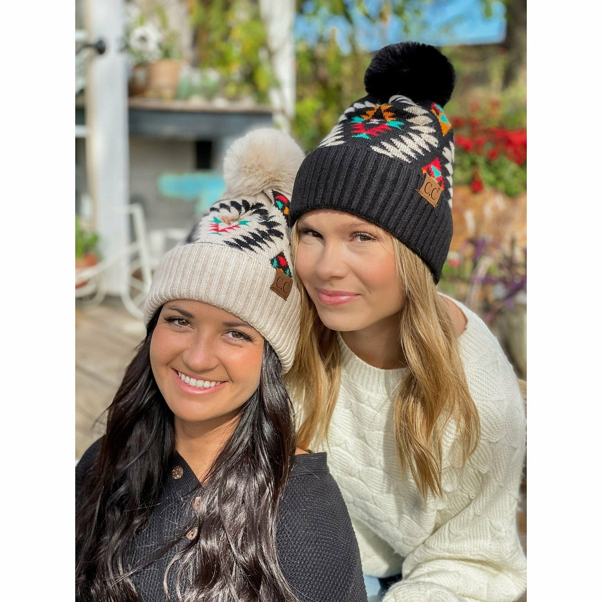 HAT3001 Elena Aztec Pattern Pom Beanie - MiMi Wholesale