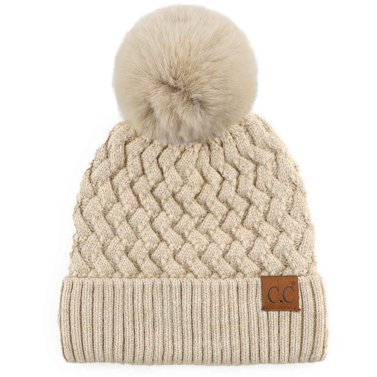 HAT3861 Kayley Woven Cable Knit Cuffed Pom Beanie - MiMi Wholesale