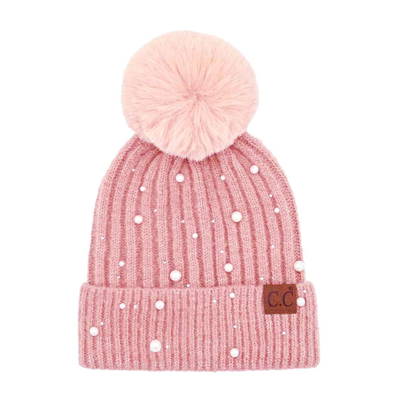 HAT4008 Naomi Pearl Embellished Pom Beanie - MiMi Wholesale