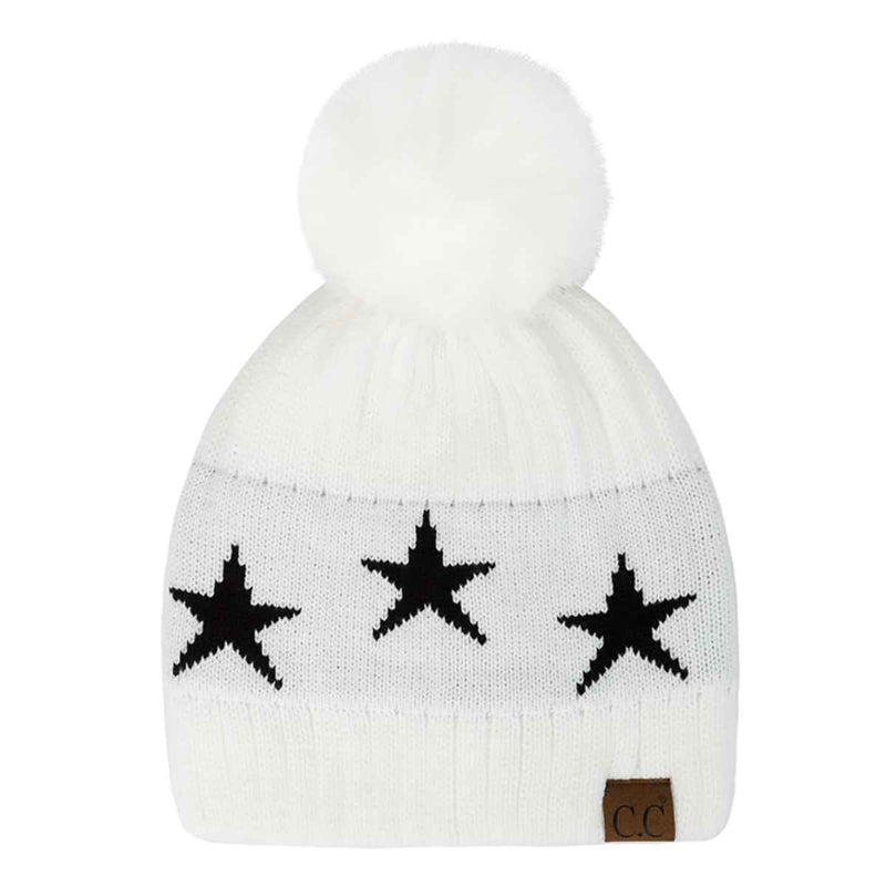 HAT4023 Ava Star Print Pom Beanie - MiMi Wholesale