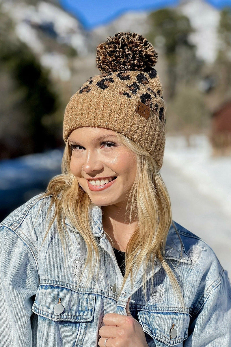 HAT7001 Evelyn Leopard Jacquard Knit Pom Beanie - MiMi Wholesale