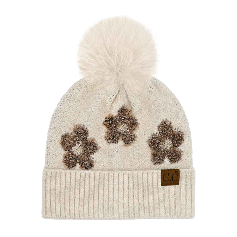 HTC0079 Darla Daisy Contrast Fur Pom Beanie - MiMi Wholesale