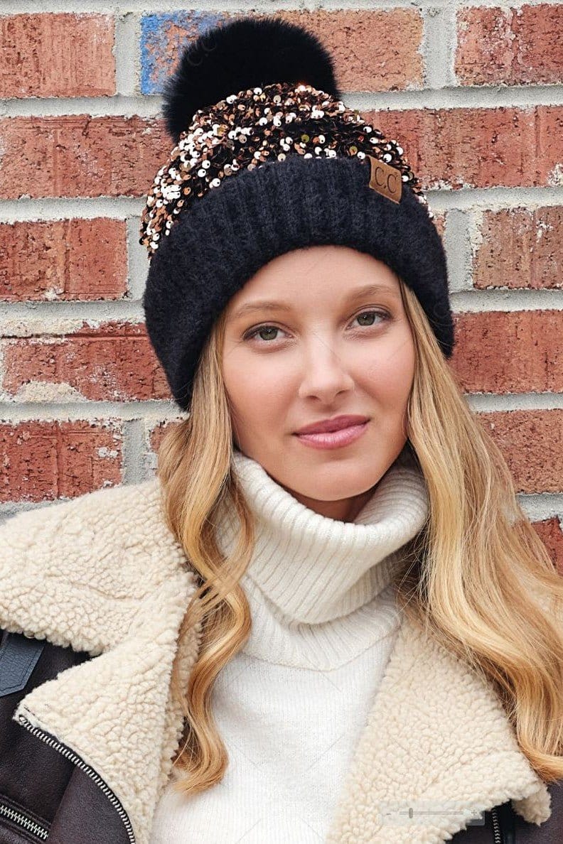 HTE0012 Scarlet Cluster Sequin Pom Beanie - MiMi Wholesale